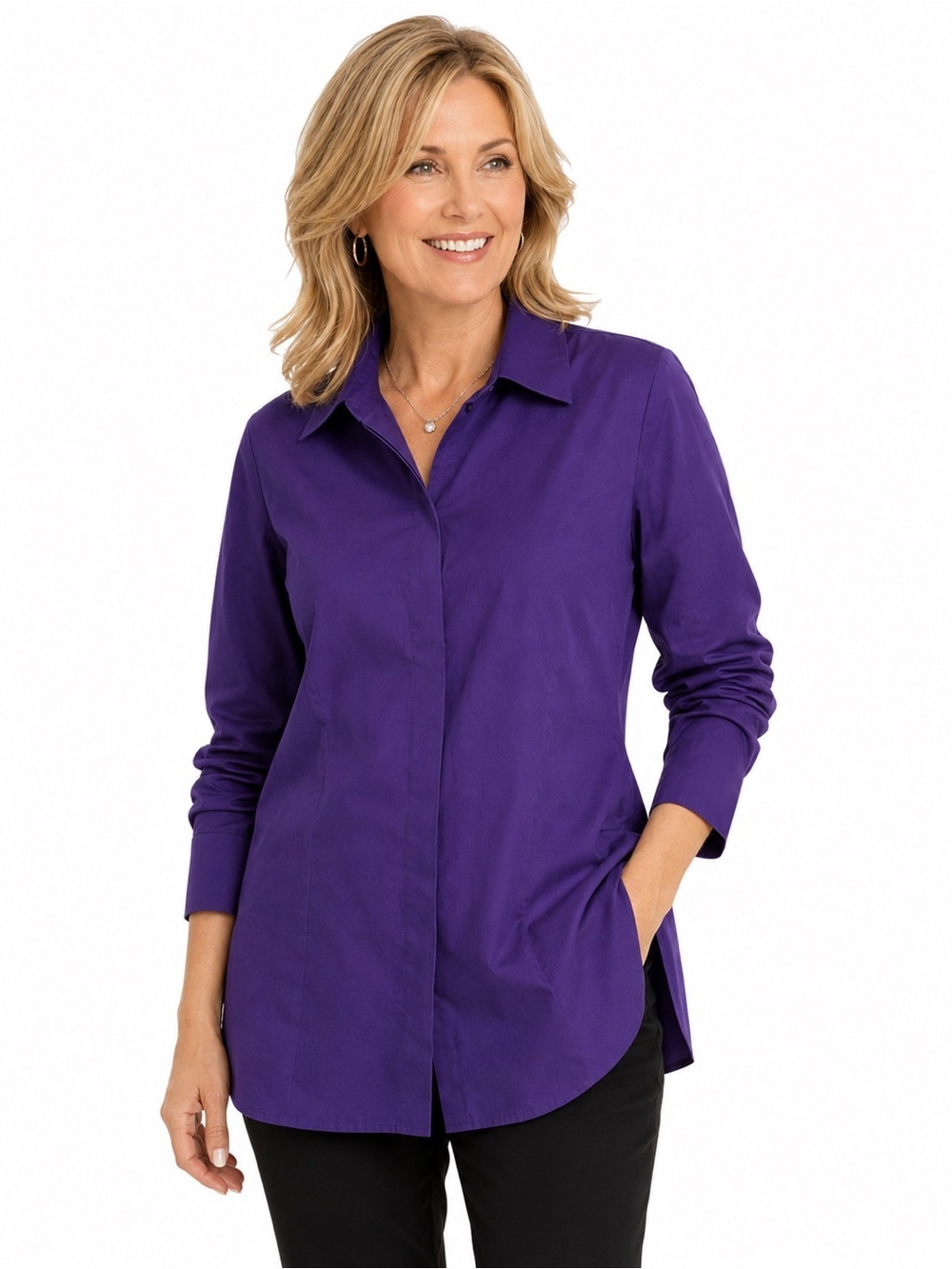 Chico’s Reagan Purple Hidden Button Tunic Shirt Size 2 L (12-14) 100% Cotton